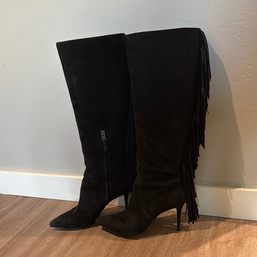 Brian Atwood black suede fringe boots